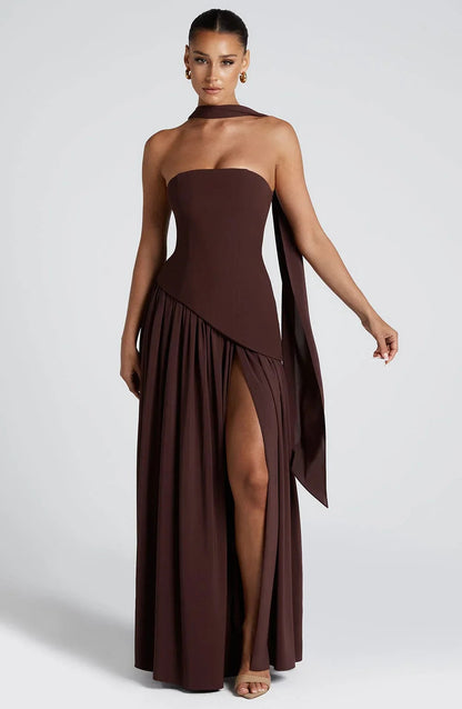 Women's elegant strapless corset evening gown | Long formal dress with high slit 0