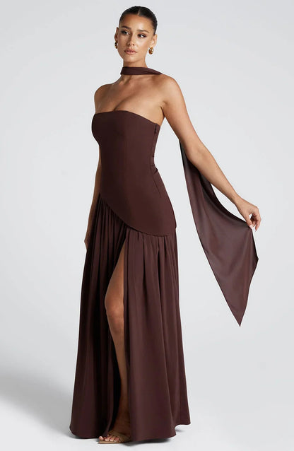 Women's elegant strapless corset evening gown | Long formal dress with high slit 1