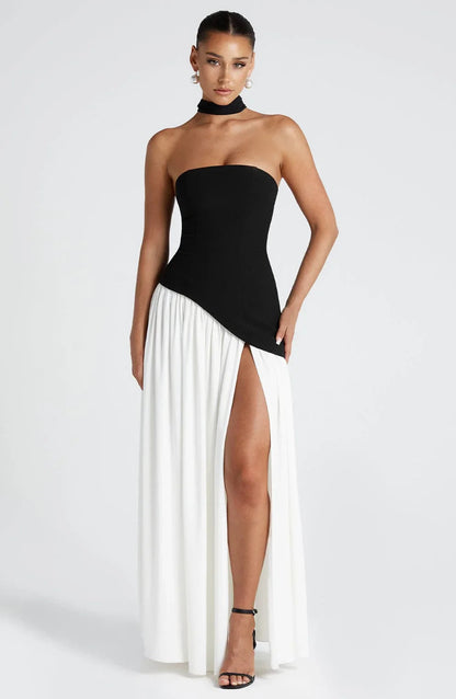 Women's elegant strapless corset evening gown | Long formal dress with high slit 10