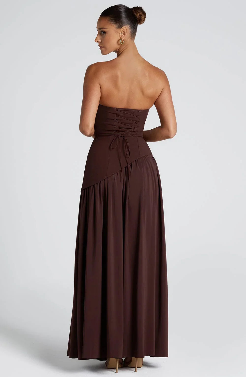 Women's elegant strapless corset evening gown | Long formal dress with high slit 3