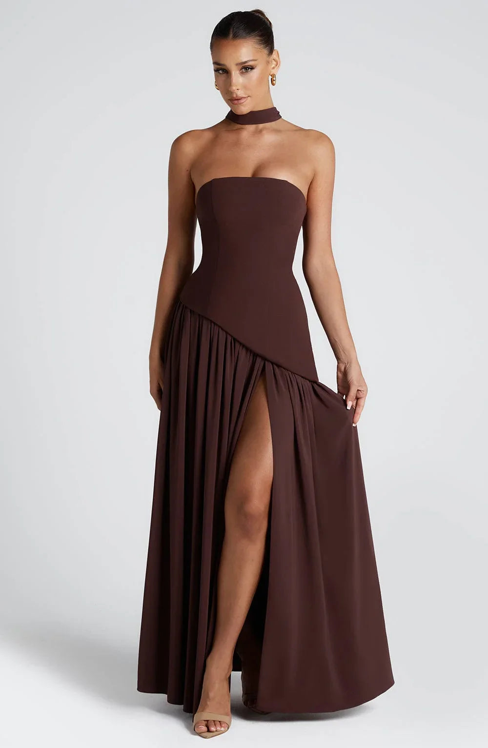 Women's elegant strapless corset evening gown | Long formal dress with high slit 6