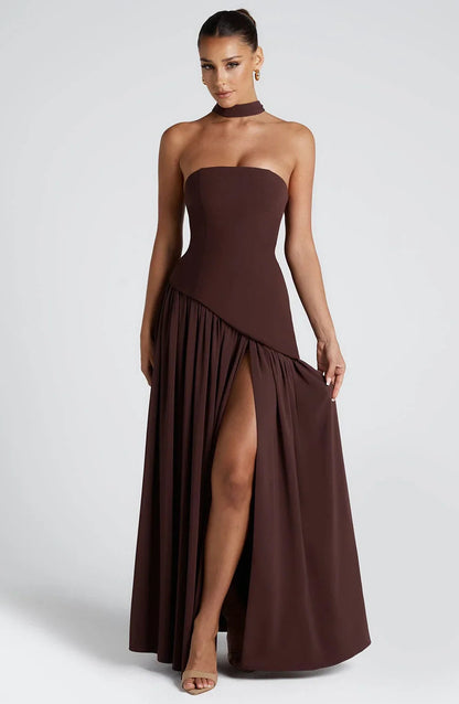 Women's elegant strapless corset evening gown | Long formal dress with high slit 6