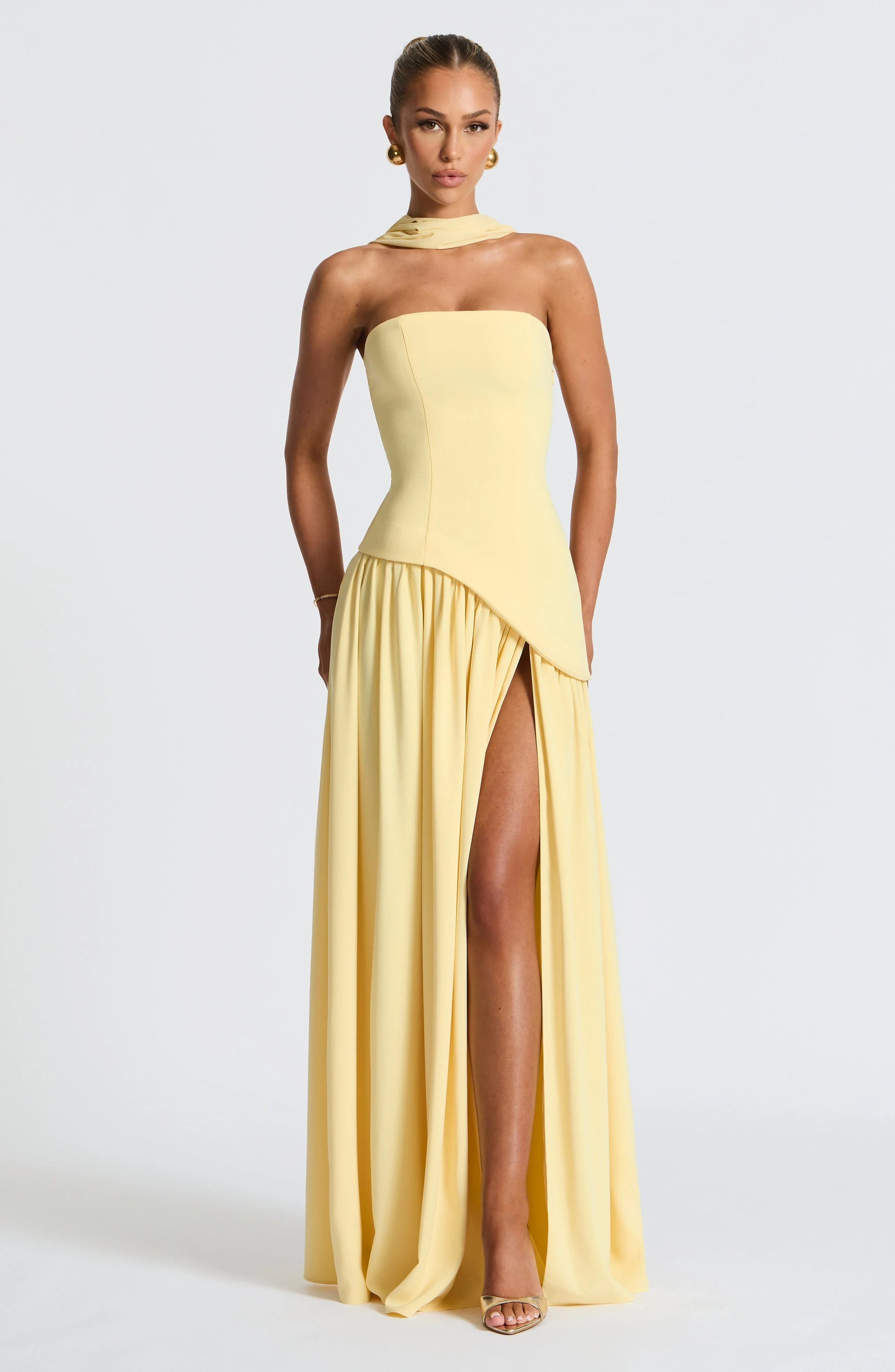 Women's elegant strapless corset evening gown | Long formal dress with high slit 8
