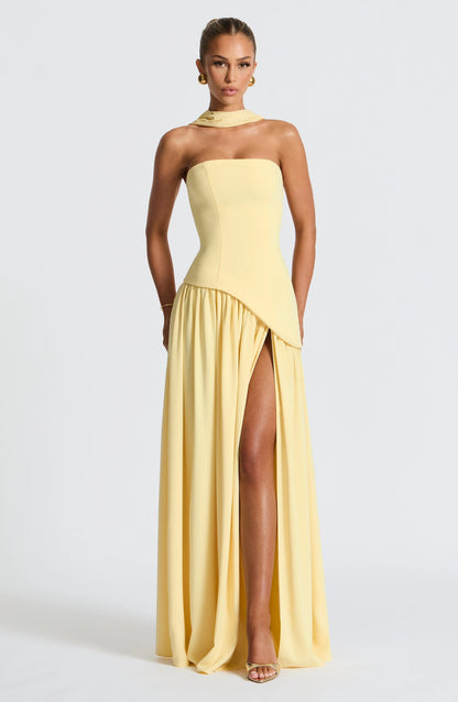 Women's elegant strapless corset evening gown | Long formal dress with high slit 8