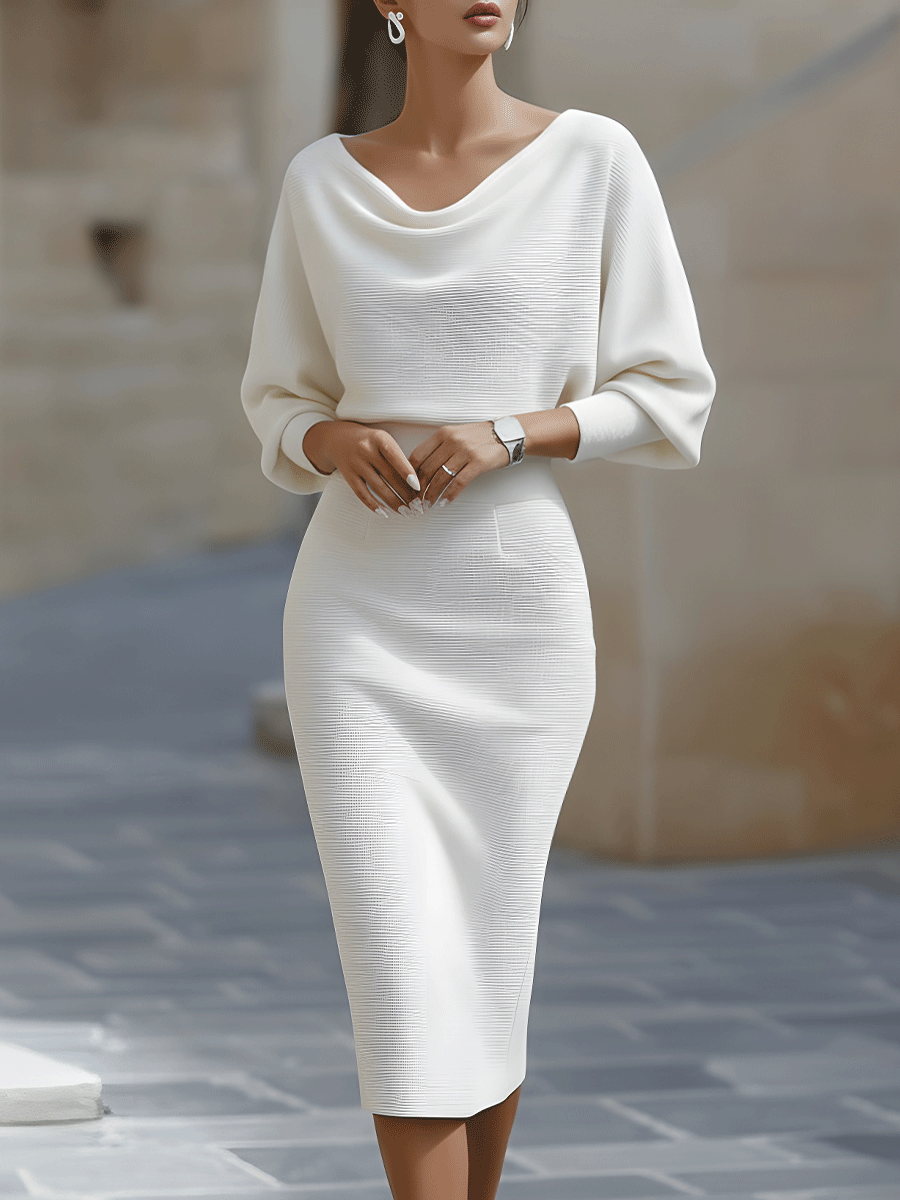 Women's elegant white draped midi dress | Sophisticated batwing sleeve formal dress 0