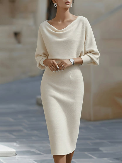 Women's elegant white draped midi dress | Sophisticated batwing sleeve formal dress 1