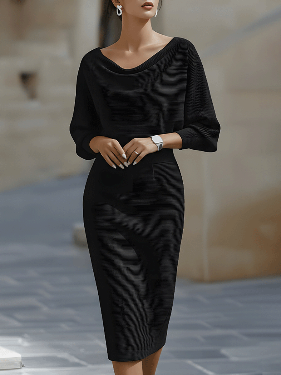 Women's elegant white draped midi dress | Sophisticated batwing sleeve formal dress 2
