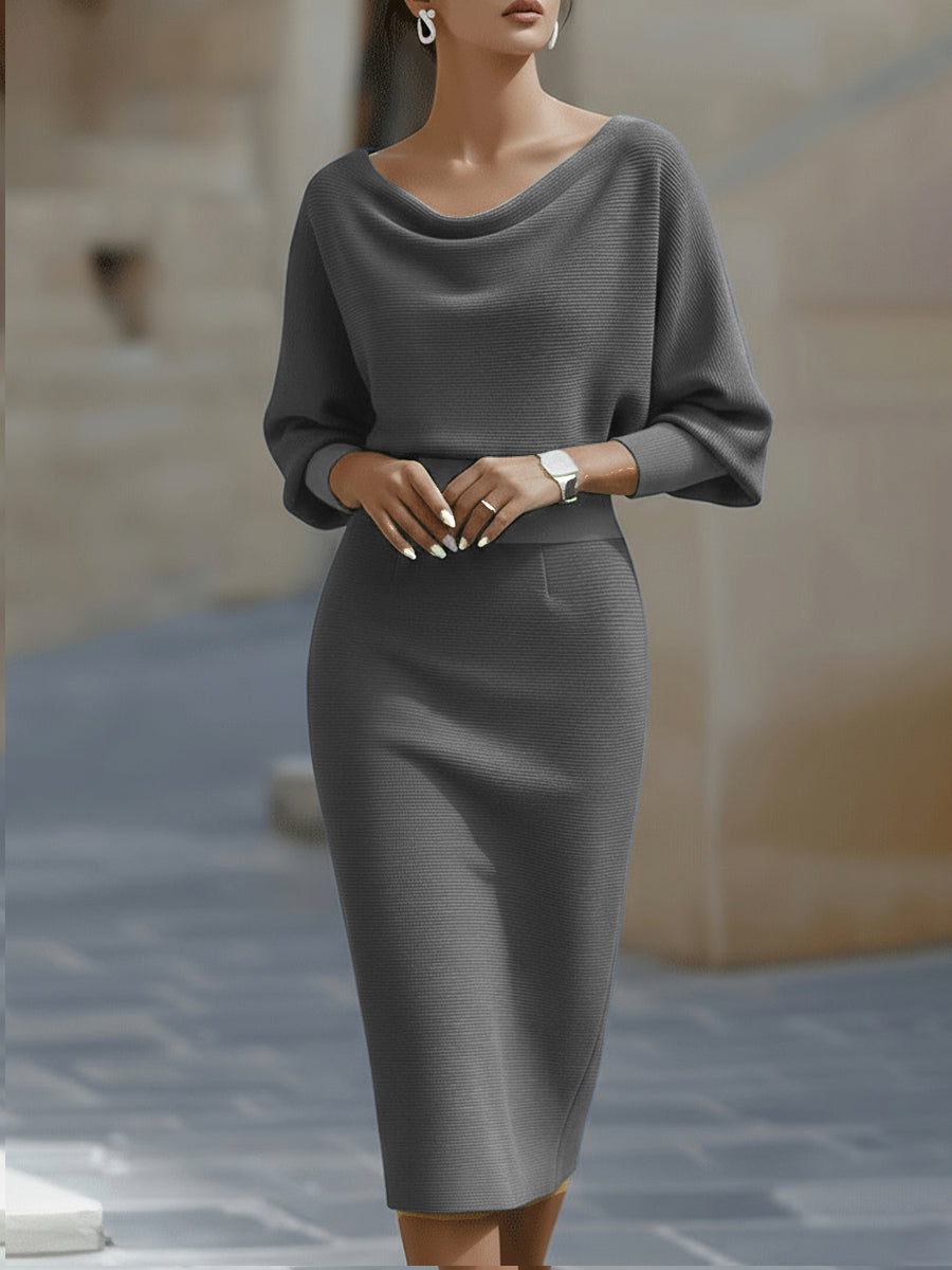 Women's elegant white draped midi dress | Sophisticated batwing sleeve formal dress 7