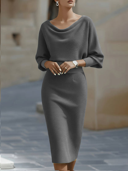Women's elegant white draped midi dress | Sophisticated batwing sleeve formal dress 7