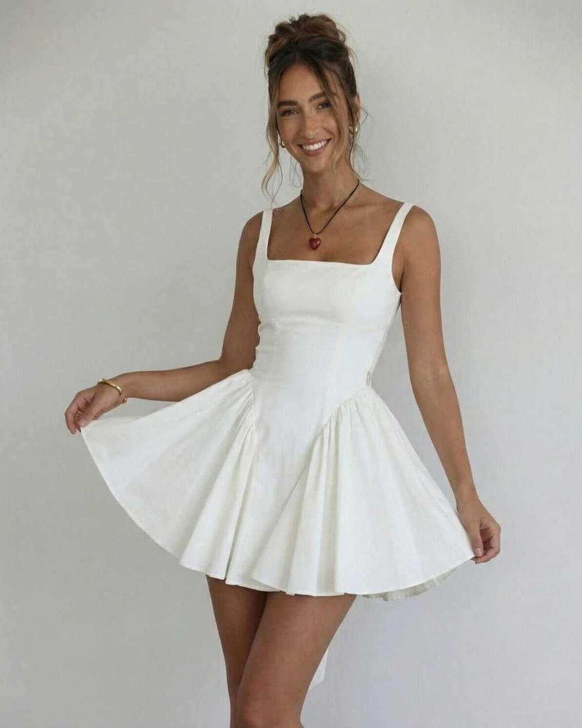 Women's elegant white mini dress | Stylish square collar summer dress 0