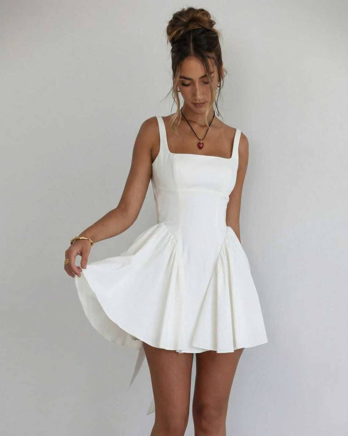 Women's elegant white mini dress | Stylish square collar summer dress 2