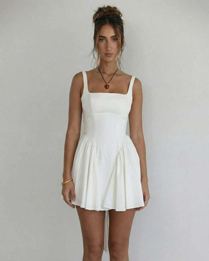 Women's elegant white mini dress | Stylish square collar summer dress 3