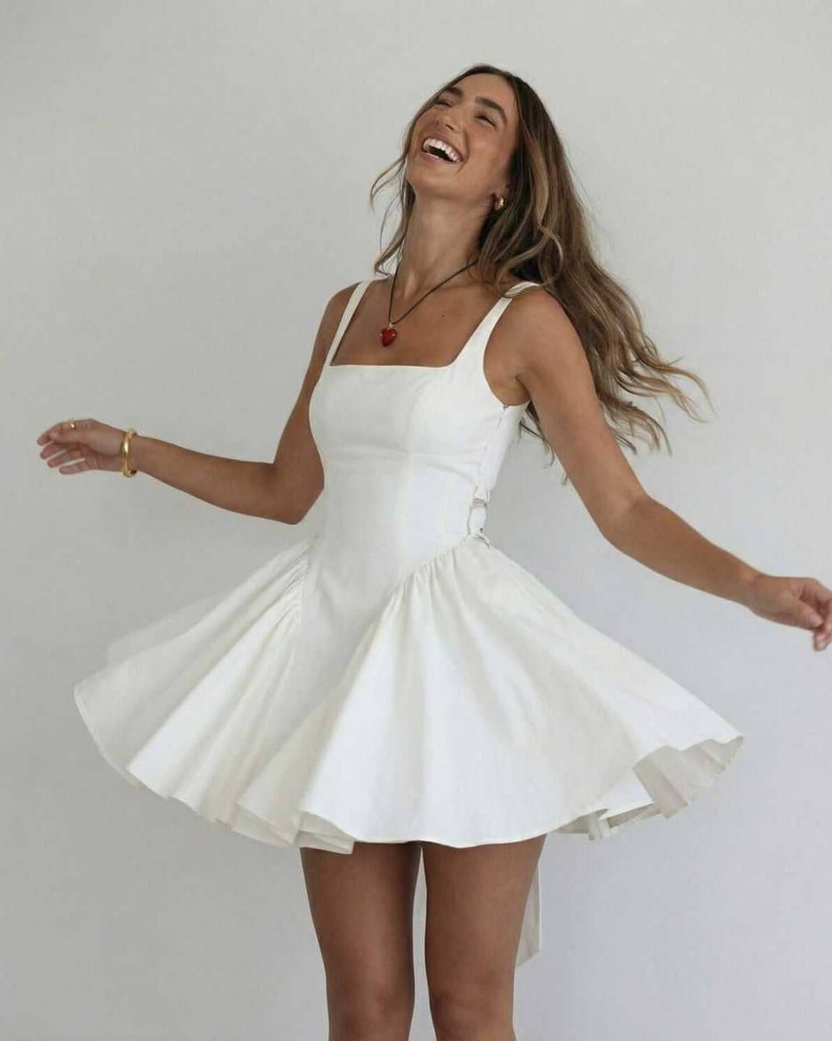 Women's elegant white mini dress | Stylish square collar summer dress 4