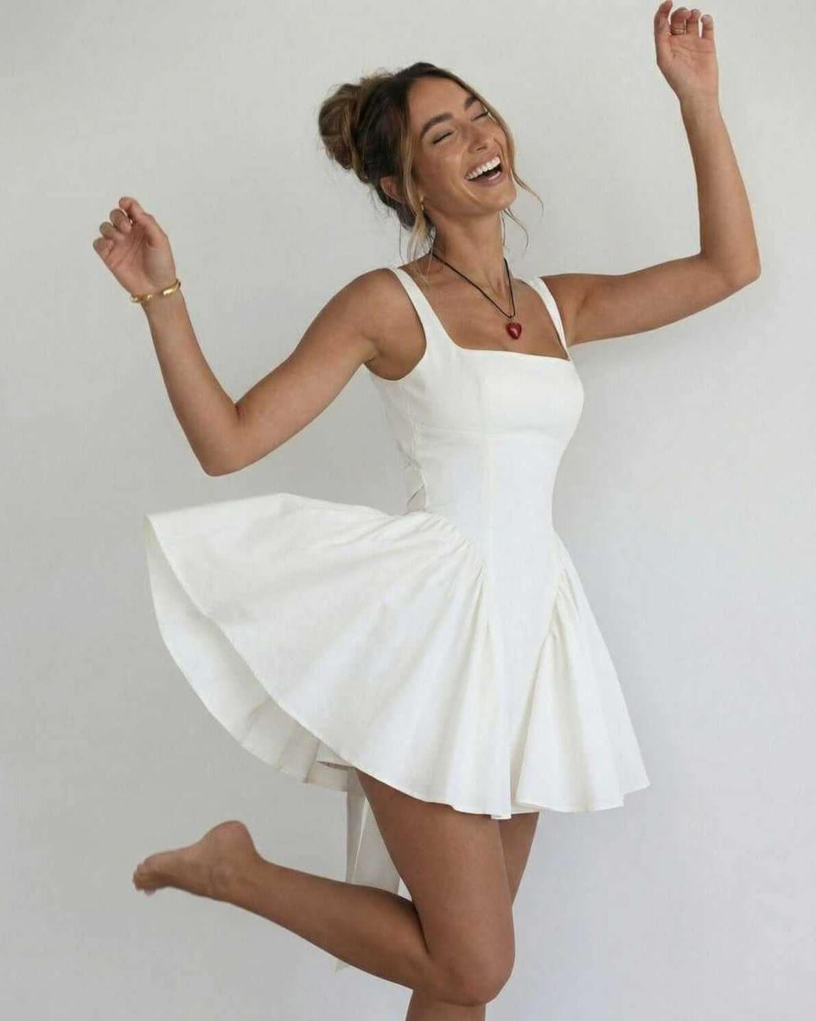 Women's elegant white mini dress | Stylish square collar summer dress 5