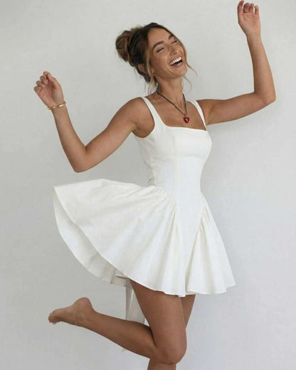 Women's elegant white mini dress | Stylish square collar summer dress 5