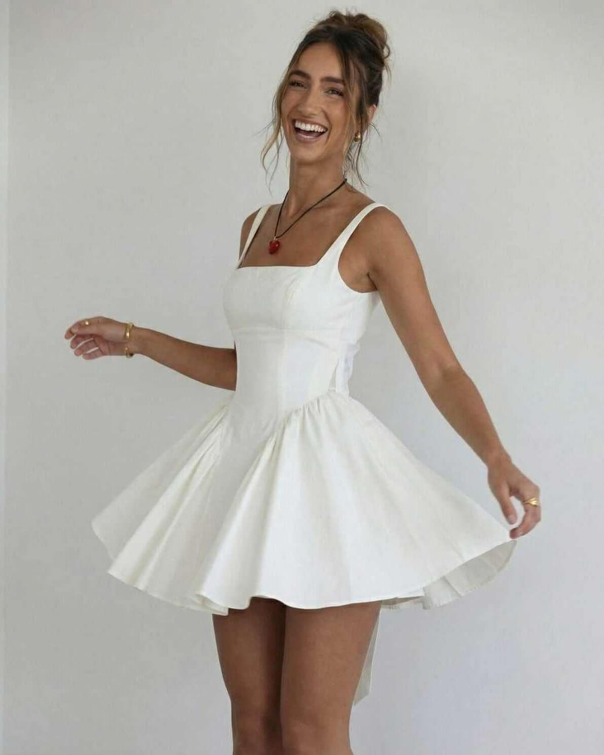 Women's elegant white mini dress | Stylish square collar summer dress 6