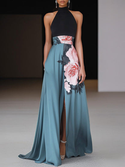 Women's floral black maxi dress | Elegant A-line evening gown with side slit 0