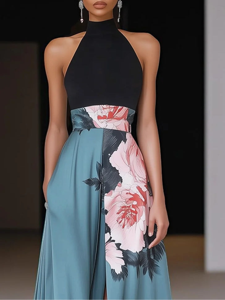Women's floral black maxi dress | Elegant A-line evening gown with side slit 1
