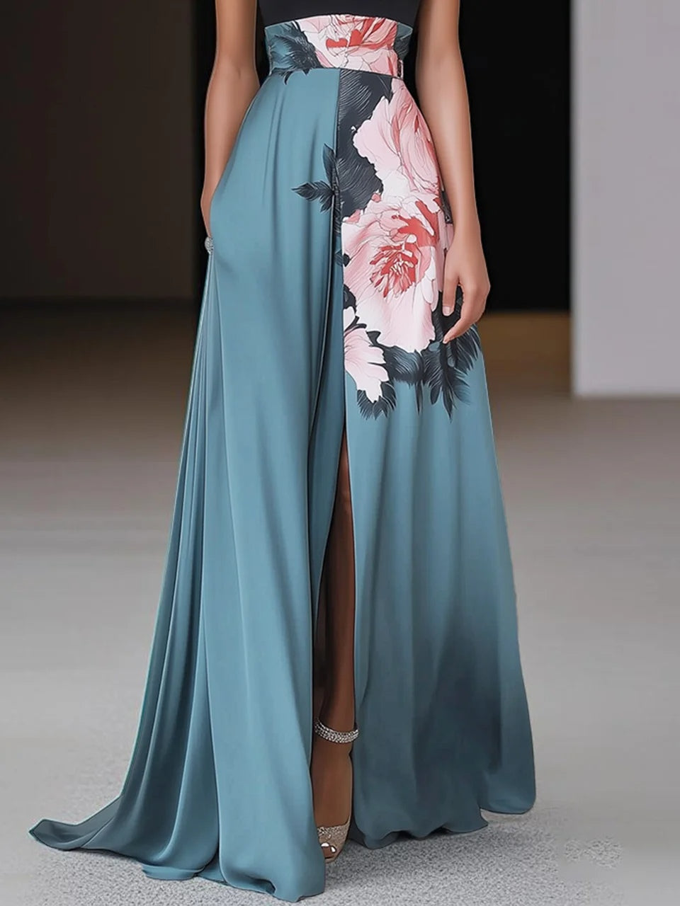 Women's floral black maxi dress | Elegant A-line evening gown with side slit 2
