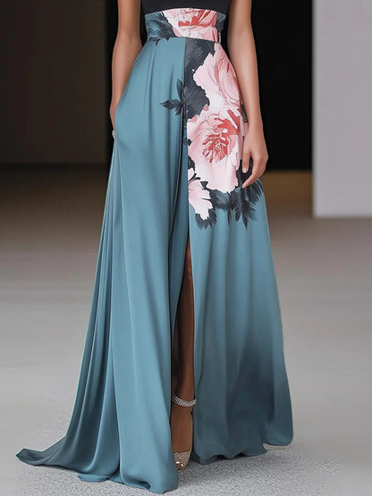 Women's floral black maxi dress | Elegant A-line evening gown with side slit 2
