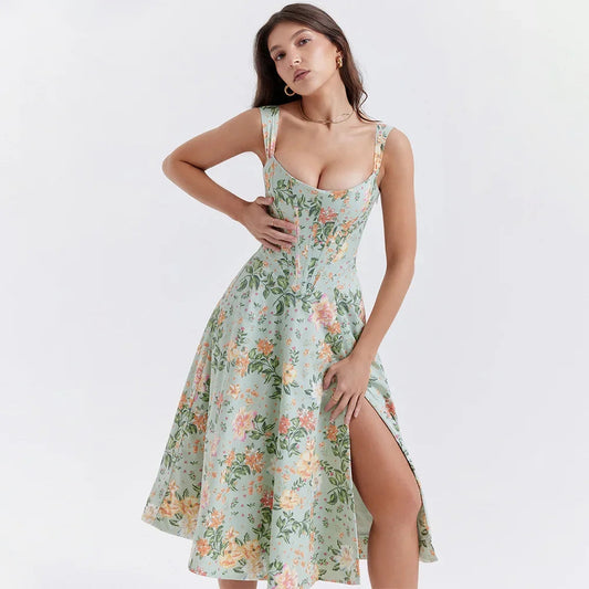Women's floral cotton midi dress | Elegant summer cocktail dress with high slit 0
