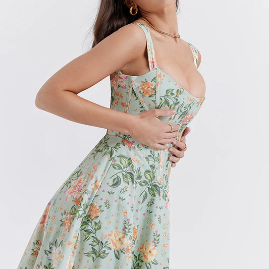 Women's floral cotton midi dress | Elegant summer cocktail dress with high slit 1