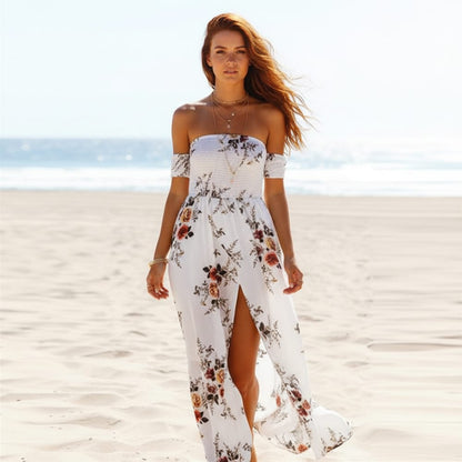 Women's floral polyester maxi dress | Elegant off-the-shoulder summer style 0