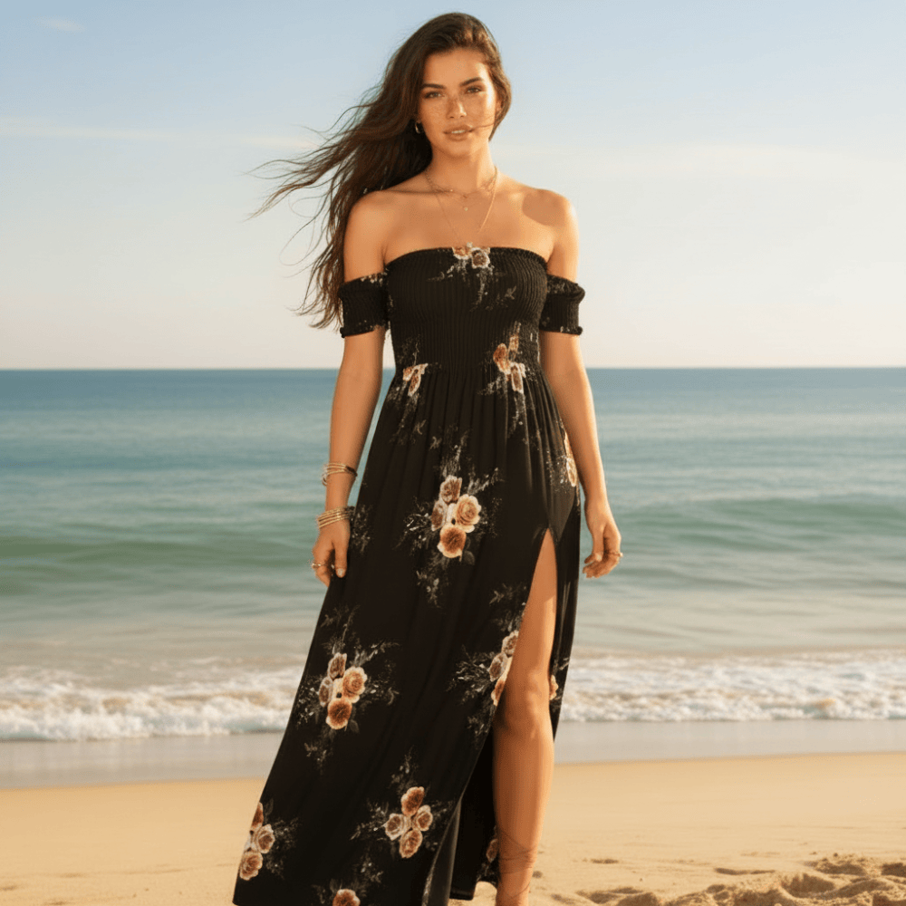 Women's floral polyester maxi dress | Elegant off-the-shoulder summer style 3