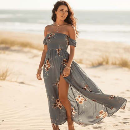 Women's floral polyester maxi dress | Elegant off-the-shoulder summer style 4