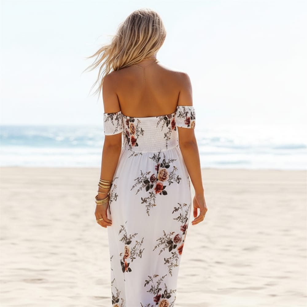 Women's floral polyester maxi dress | Elegant off-the-shoulder summer style 5