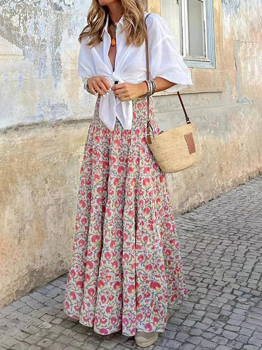 Women's floral polyester maxi skirt | Flowy ankle-length A-line boho chic design