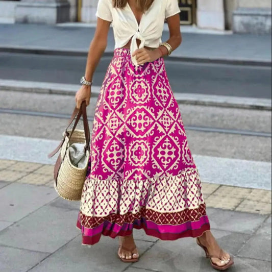 Women's floral print lightweight maxi skirt | High-waisted summer A-line dress