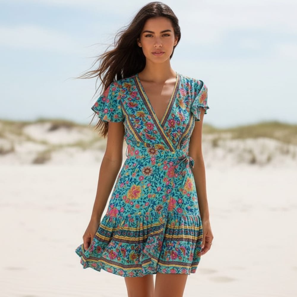 Women's floral print polyester mini dress | Bohemian summer dress with ruffled sleeves 0