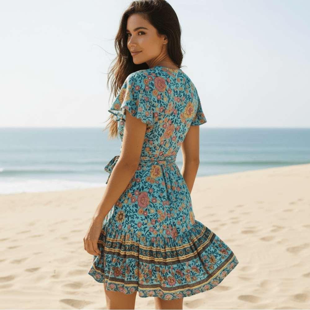 Women's floral print polyester mini dress | Bohemian summer dress with ruffled sleeves 1