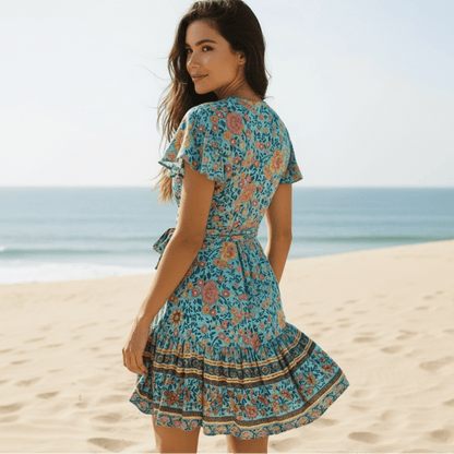 Women's floral print polyester mini dress | Bohemian summer dress with ruffled sleeves 1