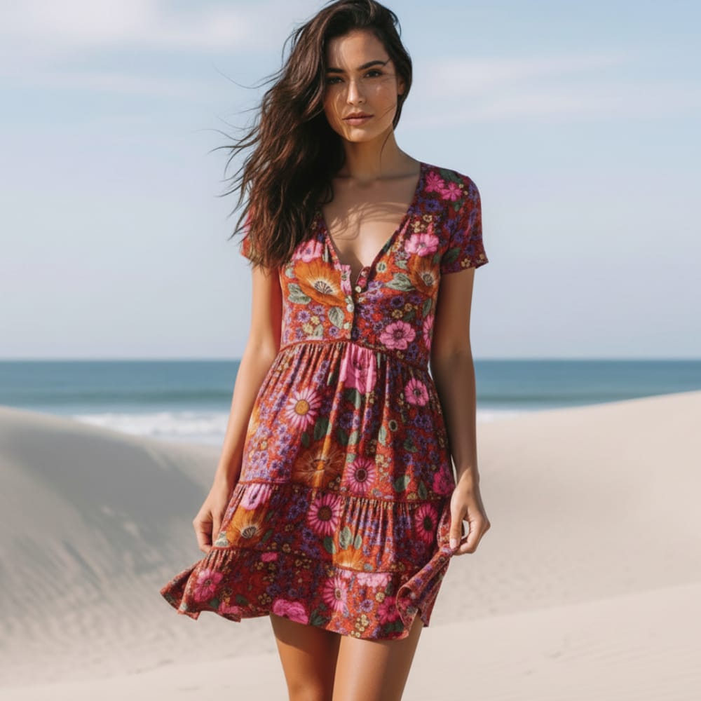 Women's floral rayon mini dress | Vintage boho style summer dress with flared silhouette 0