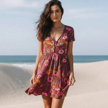 Women's floral rayon mini dress | Vintage boho style summer dress with flared silhouette 0