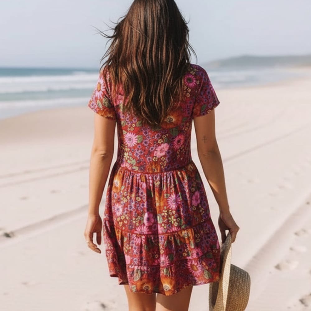 Women's floral rayon mini dress | Vintage boho style summer dress with flared silhouette 1