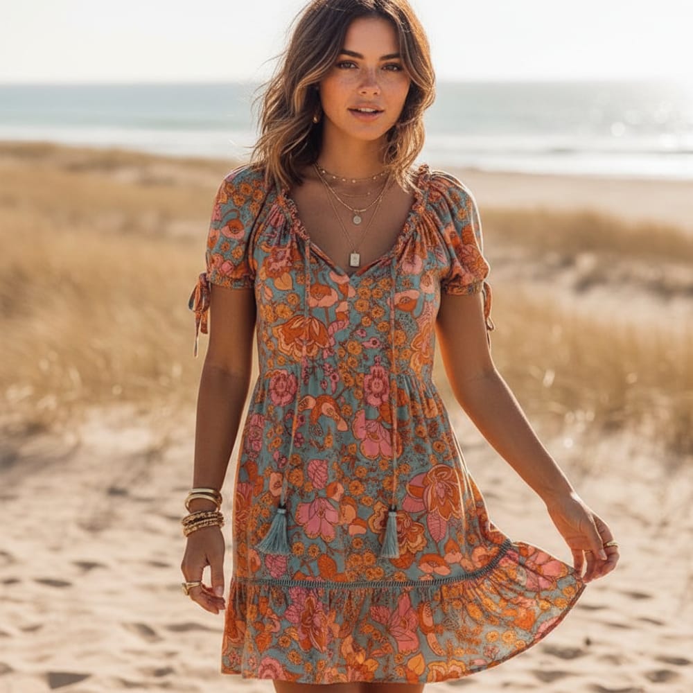 Women's floral rayon mini dress | Vintage boho summer dress with ruffled details 0