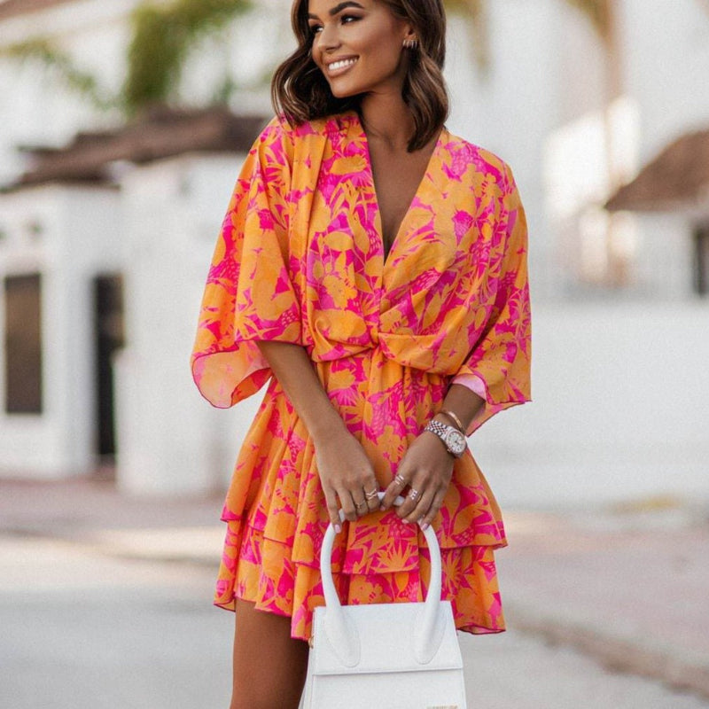 Women's floral ruffle mini dress | Elegant boho summer dress with batwing sleeves 0