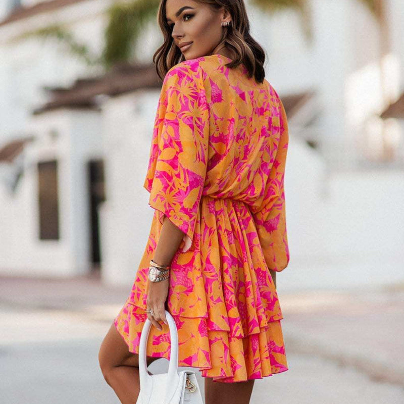 Women's floral ruffle mini dress | Elegant boho summer dress with batwing sleeves 1