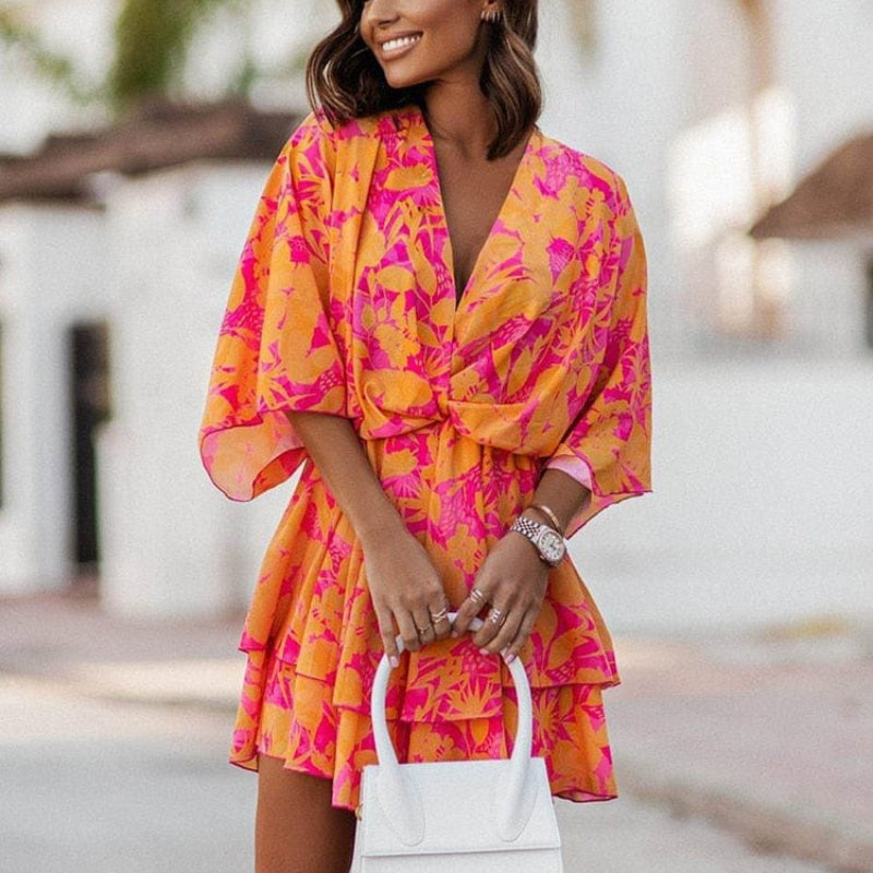 Women's floral ruffle mini dress | Elegant boho summer dress with batwing sleeves 2