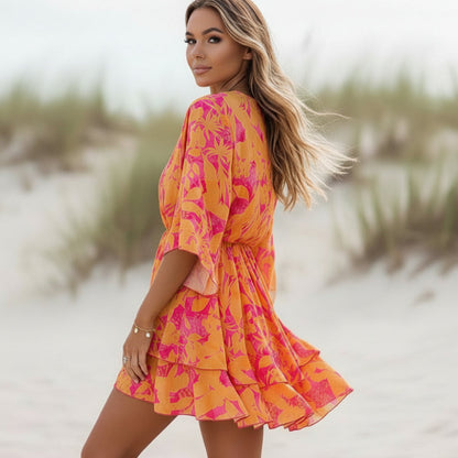 Women's floral ruffle mini dress | Elegant v-neck summer dress for bohemian style 1