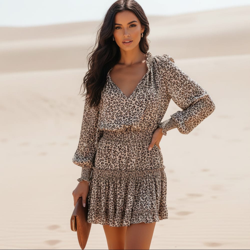 Women's leopard print long sleeve mini dress | Stylish boho party dress 0