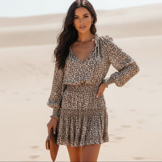 Women's leopard print long sleeve mini dress | Stylish boho party dress 0