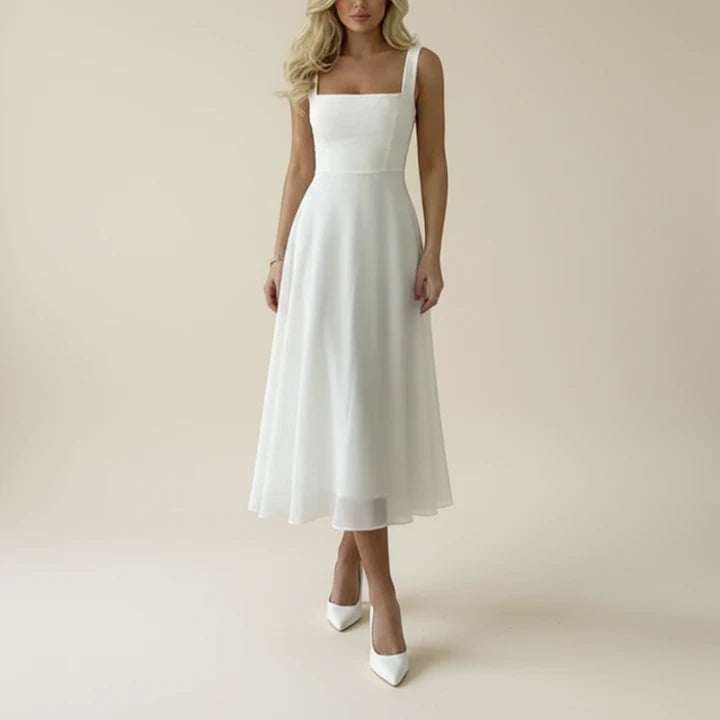 Women's lightweight A-line midi dress | Sleeveless summer dress with square neckline 0