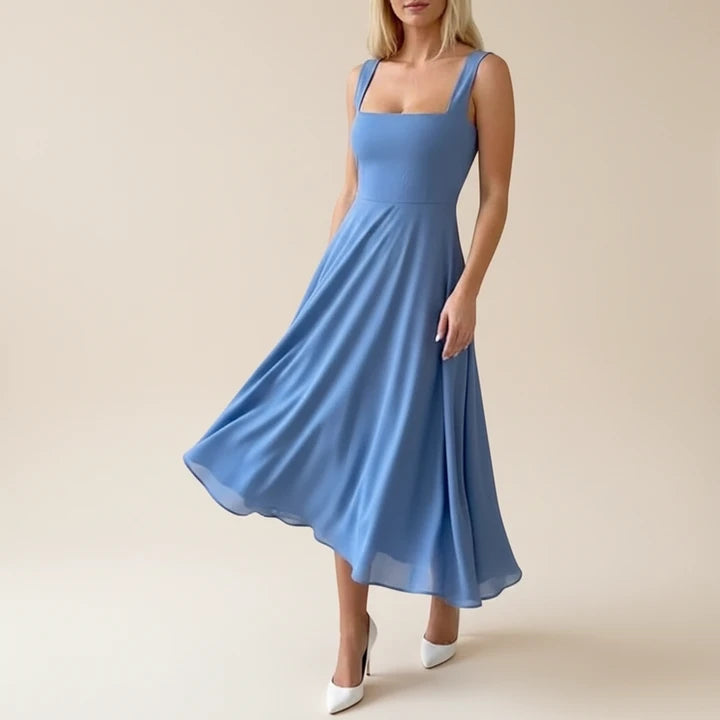 Women's lightweight A-line midi dress | Sleeveless summer dress with square neckline 2