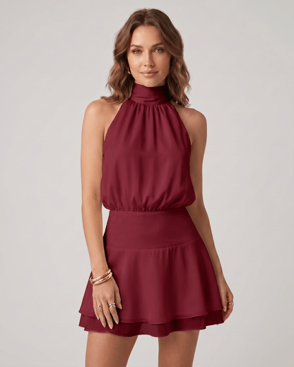 Women's lightweight chiffon mini dress | Elegant halter neck summer outfit 14