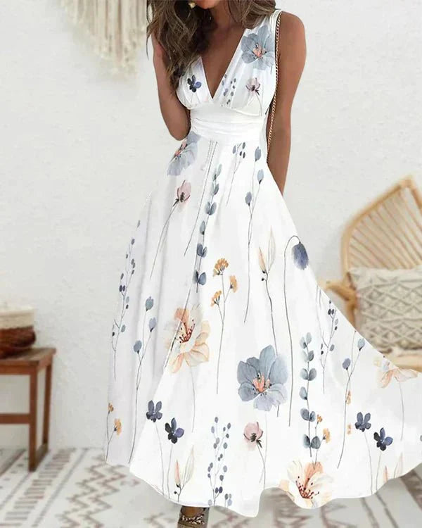 Women's lightweight floral print maxi dress | Elegant sleeveless summer gown 0