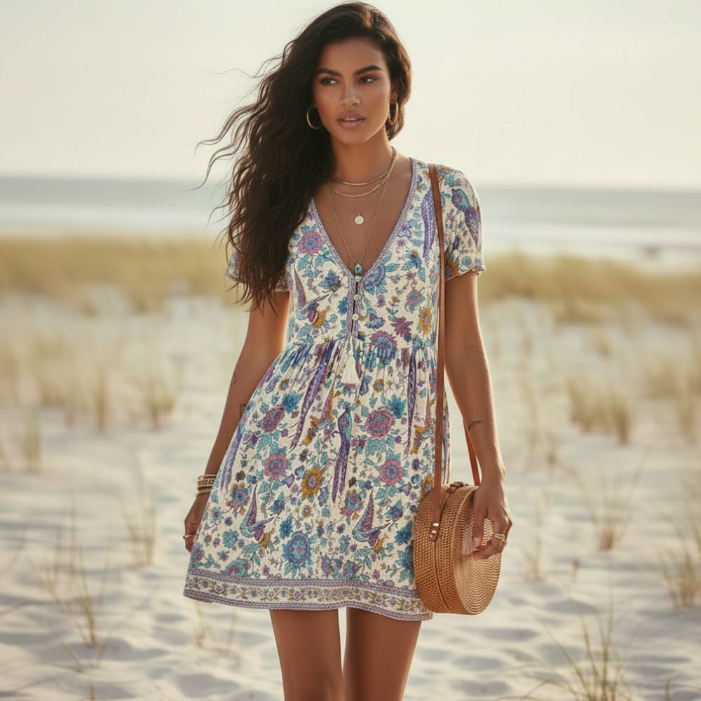 Women's lightweight floral print mini dress | Bohemian A-line summer dress 0